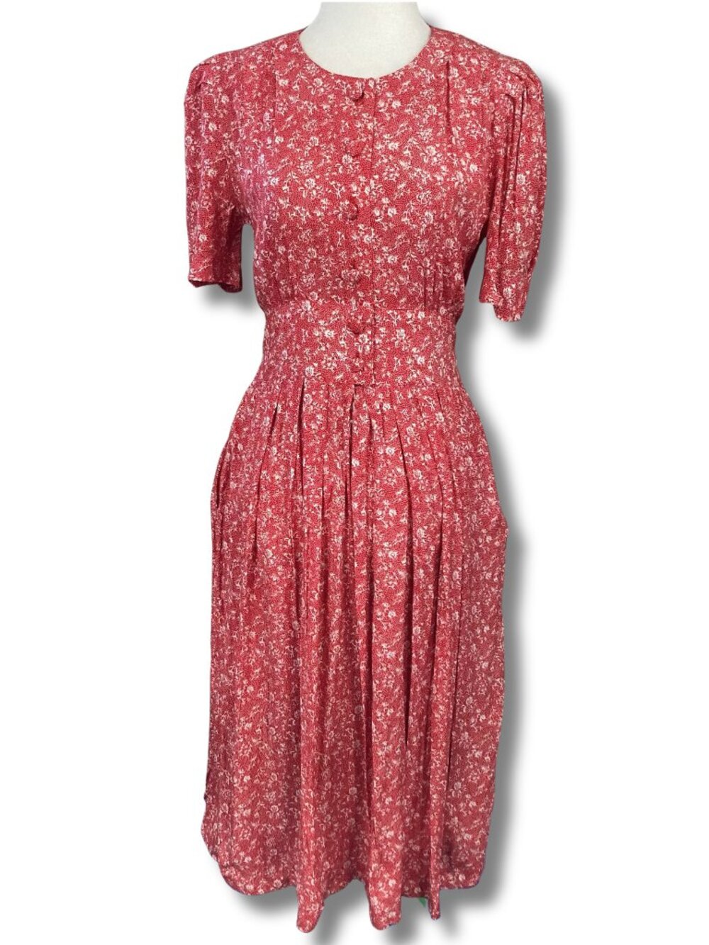 KARIN STEVENS PETITES Vintage red and white floral print midi dress SMALL MEDIUM
